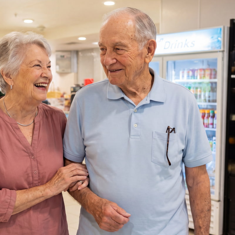 Senior couple walking and smiling in the Cafe at Fellowship Square Independent Living community