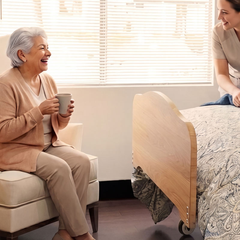Senior woman with coffee talking to caregiver in short-term rehab at Christian Care Rehabilitation Center in Phoenix