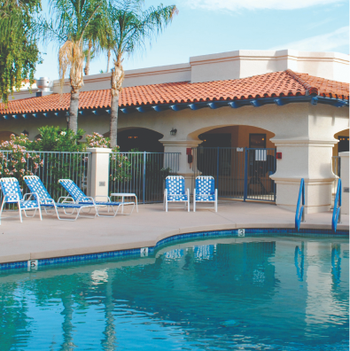 Pool and community building at Fellowship Square Phoenix Independent Living