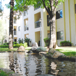 Koi Pond and apt building at Fellowship Square Independent Living community