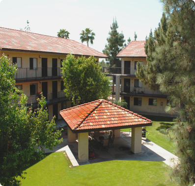 Gazebo and apt building at Fellowship Square Historic Mesa Independent Living community