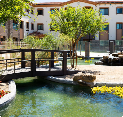 Bridge over Koi Pond at Fellowship Square Surprise Independent Living community
